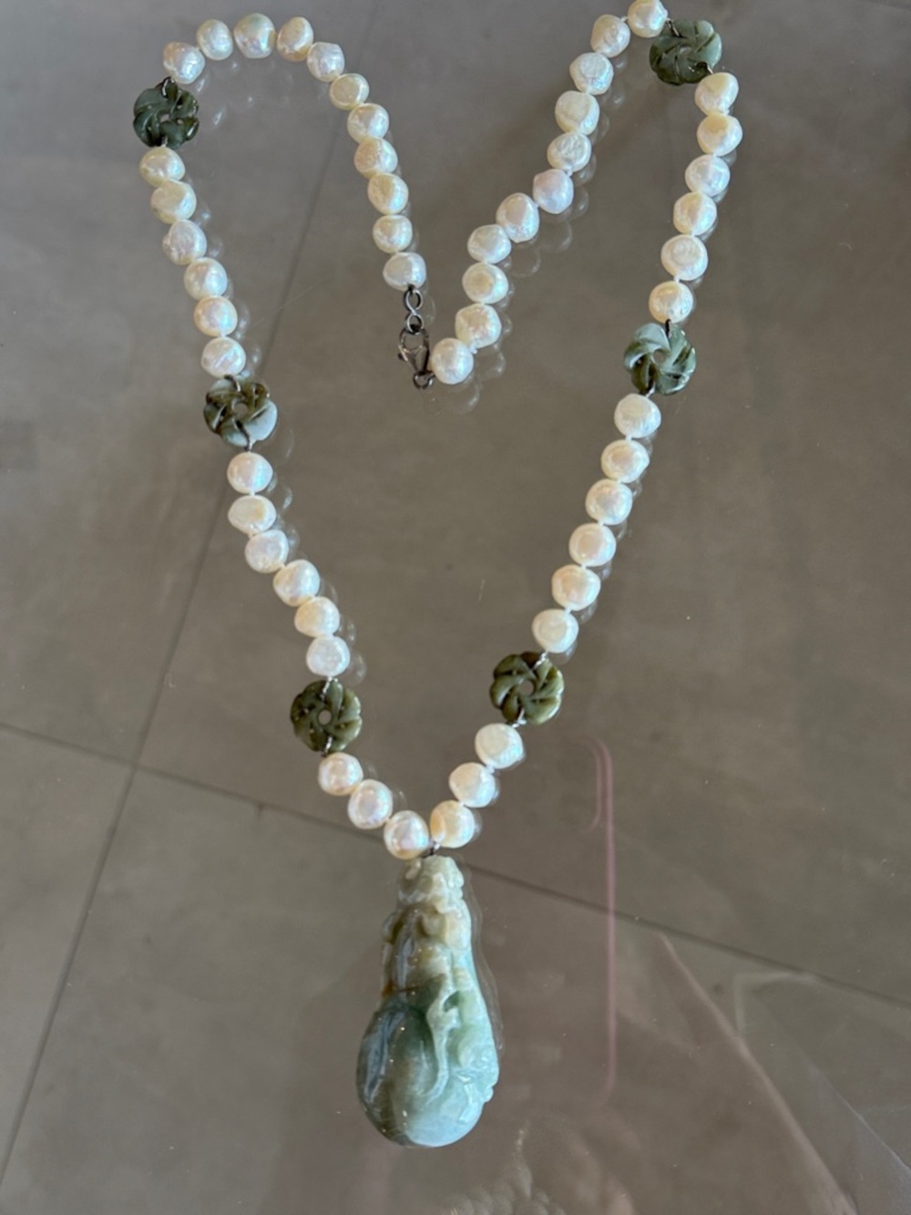 Pearl Necklace with Carved Green Jade Pendant